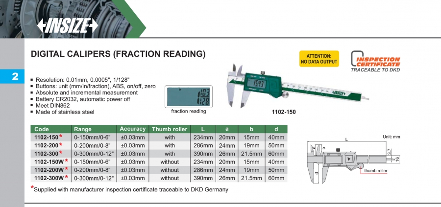 Thước cặp điện tử có hiển thị phân số Insize series 1102
