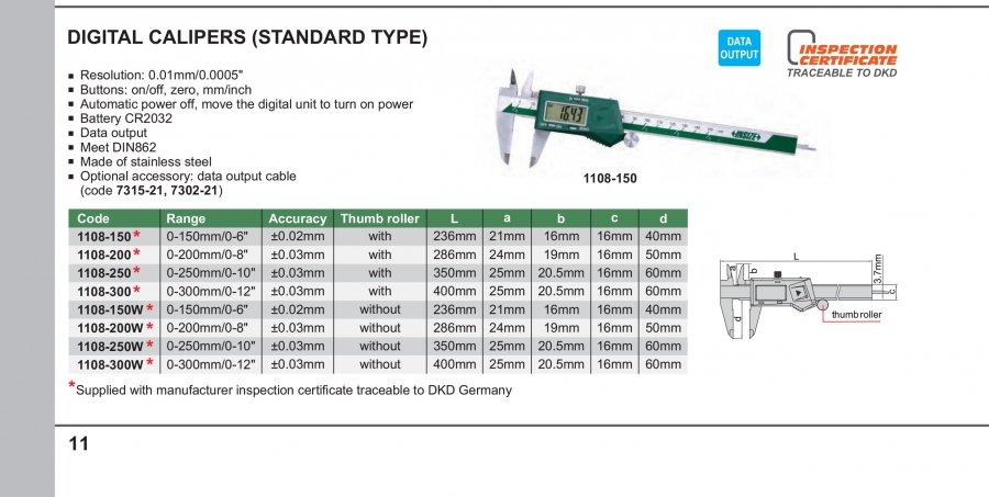 Thước cặp điện tử loại tiêu chuẩn Insize series 1108