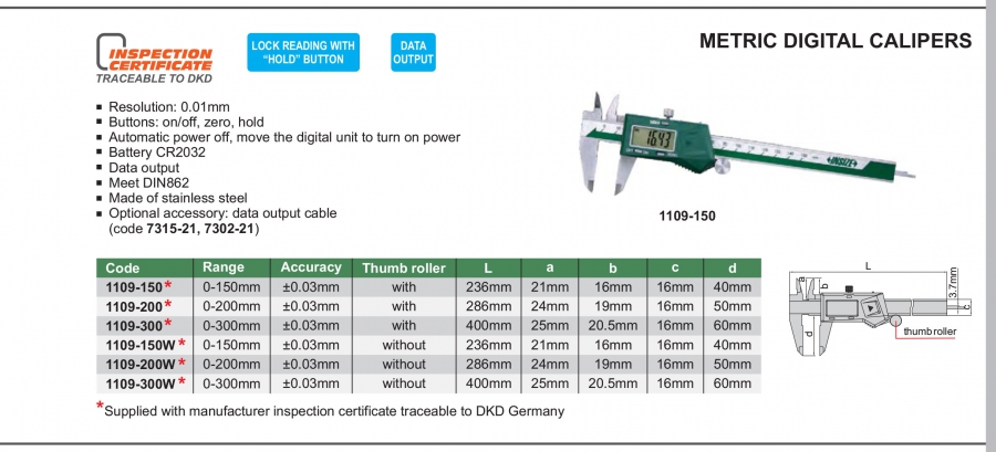 Thước cặp điện tử hệ mét Insize series 1109