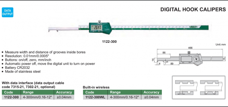 Thước cặp điện tử đo rãnh trong Insize 1122-300; 1122-300WL