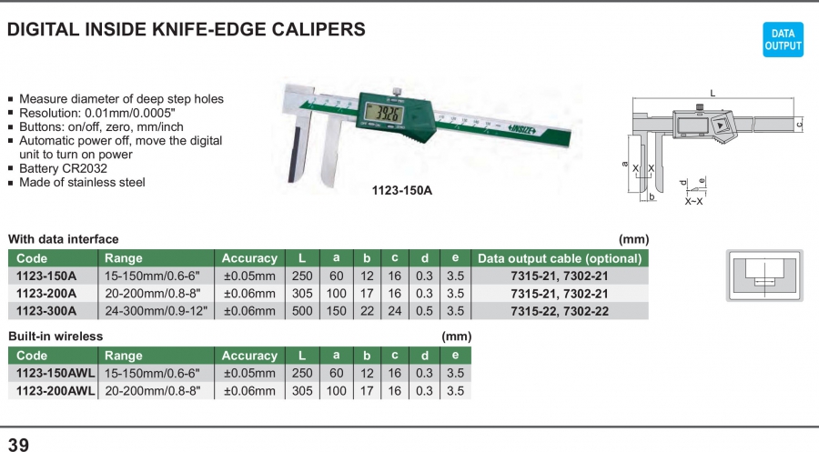 Thước cặp điện tử đo trong mỏ dạng dao Insize series 1123