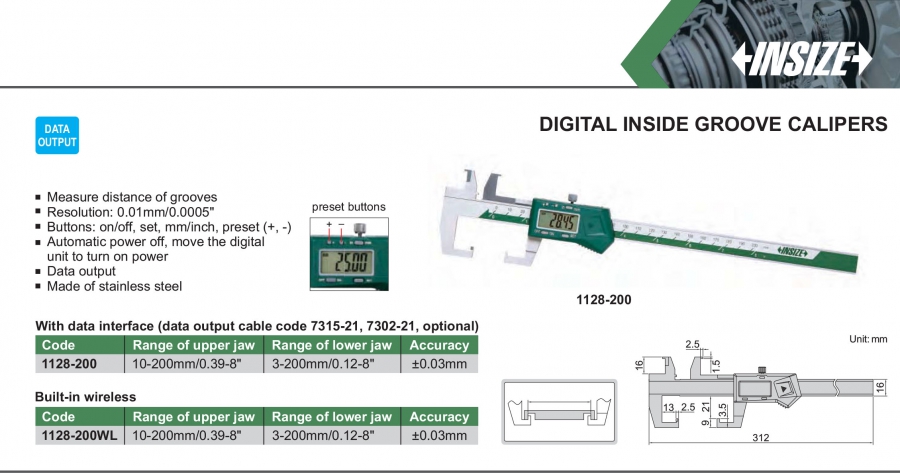 Thước kẹp điện tử đo rãnh trong dạng móc Insize series 1128