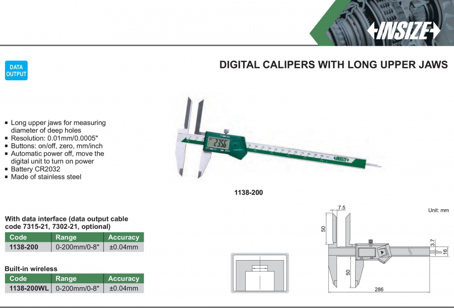 Thước cặp điện tử mỏ trên dạng dao Insize series 1138