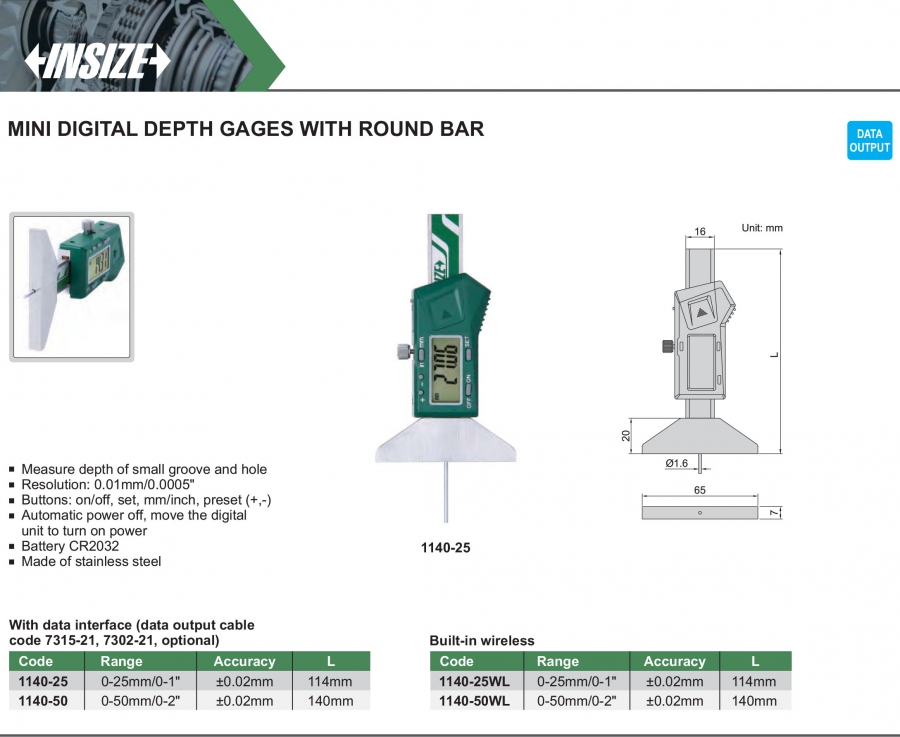 Thước đo sâu điện tử mini thanh đo tròn Insize series 1140