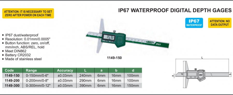 Thước đo sâu điện tử IP67 Insize series 1149
