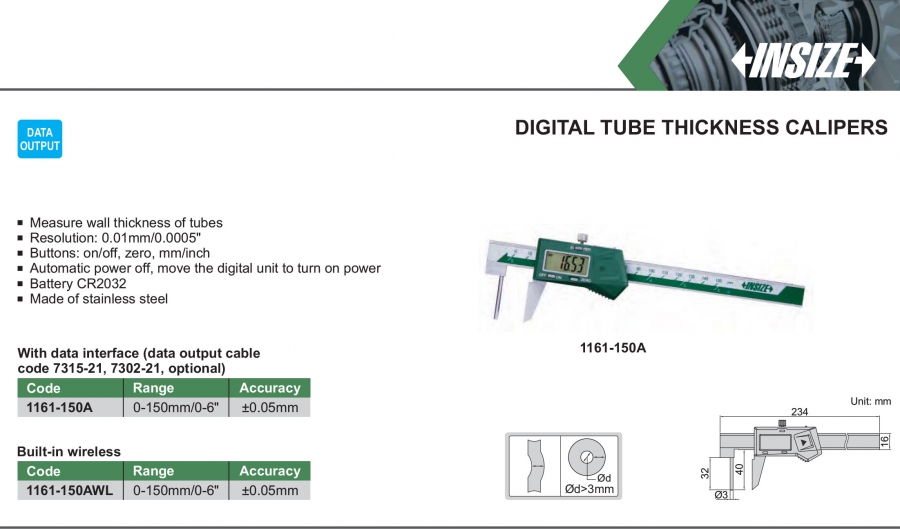 Thước cặp điện tử đo thành ống Insize 1161-150A; 1161-150AWL