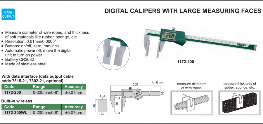 Thước cặp điện tử mỏ phẳng Insize 1172-200; 1172-200WL