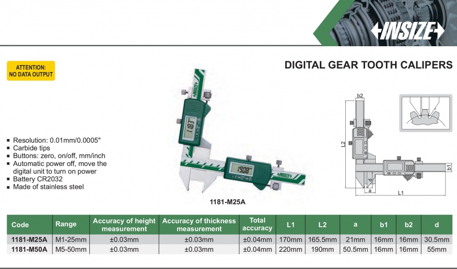 Thước cặp điện tử đo răng Insize 1181-M25A; 1181-M50A