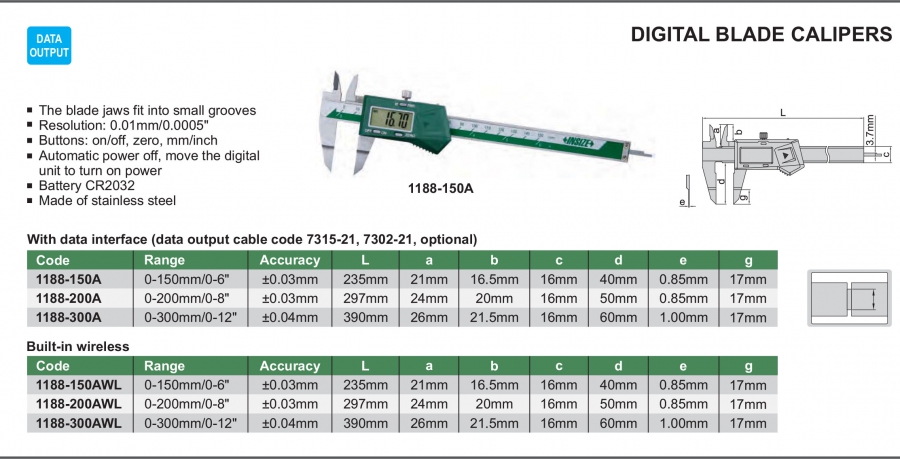 Thước cặp điện tử mỏ dẹt Insize series 1188