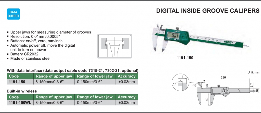 Thước cặp điện tử kết hợp đo rãnh Insize series 1191