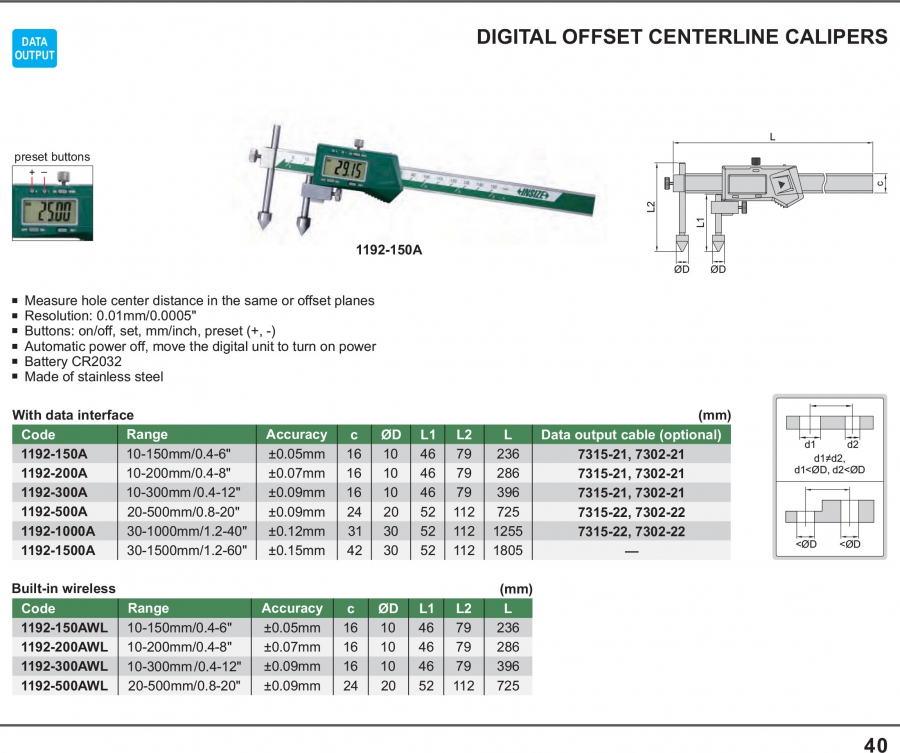 Thước cặp điện tử đo khoảng cách tâm Insize series 1192