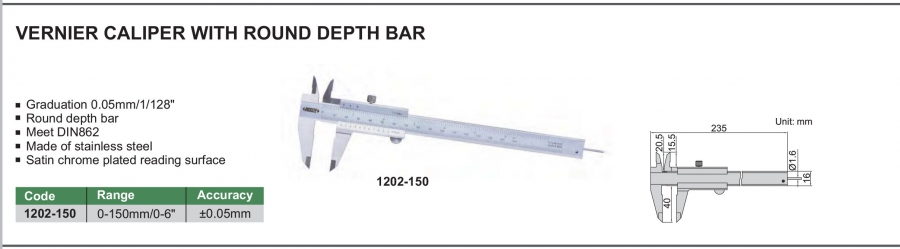 Thước cặp cơ khí 0-150mm thanh đo sâu tròn Insize 1202-150