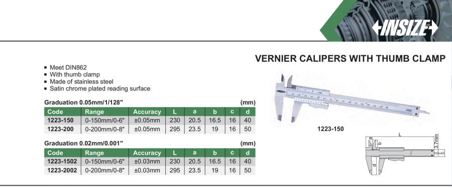 Thước kẹp cơ khí có kẹp ngón tay cái Insize series 1223