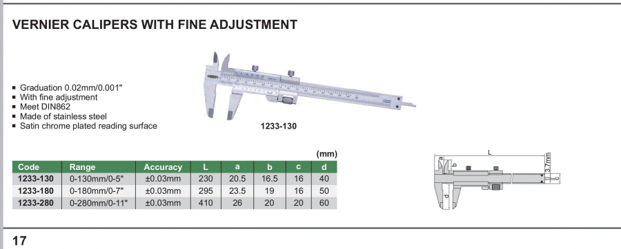 Thước cặp cơ khí có điều chỉnh tinh Insize series 1233