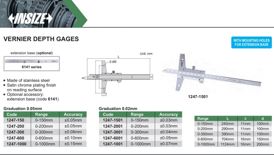 Thước đo sâu cơ khí Insize series 1247