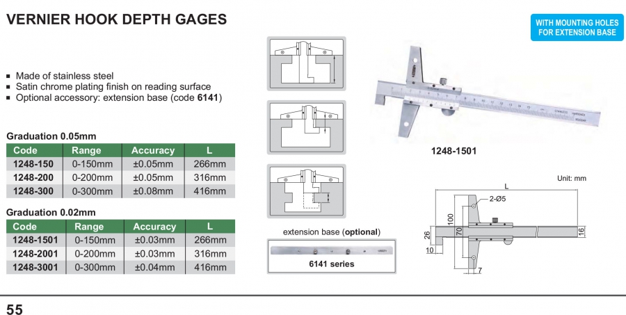Thước đo sâu cơ khí có móc Insize series 1248