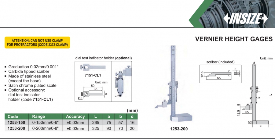 Thước đo cao cơ khí loại nhỏ Insize 1253-150; 1253-200