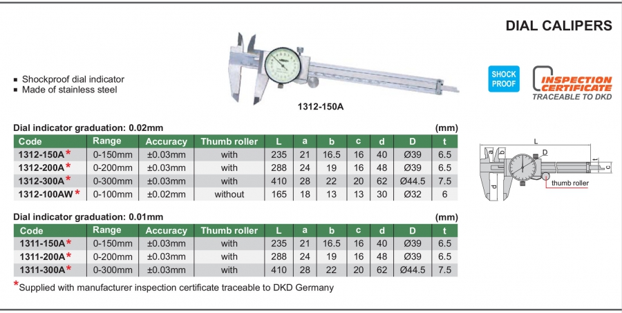 Thước cặp đồng hồ Insize series 1311, 1312