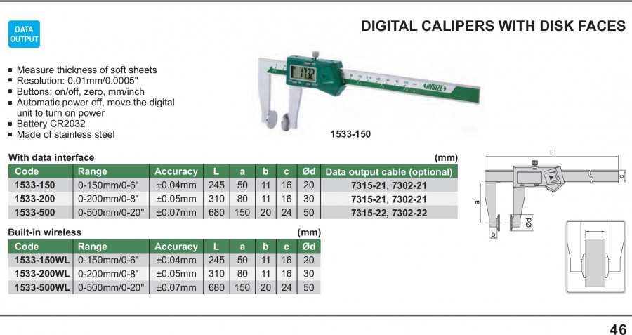 Thước cặp điện tử ngàm đĩa Insize series 1533