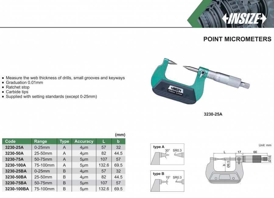 Panme cơ khí đo điểm Insize series 3230