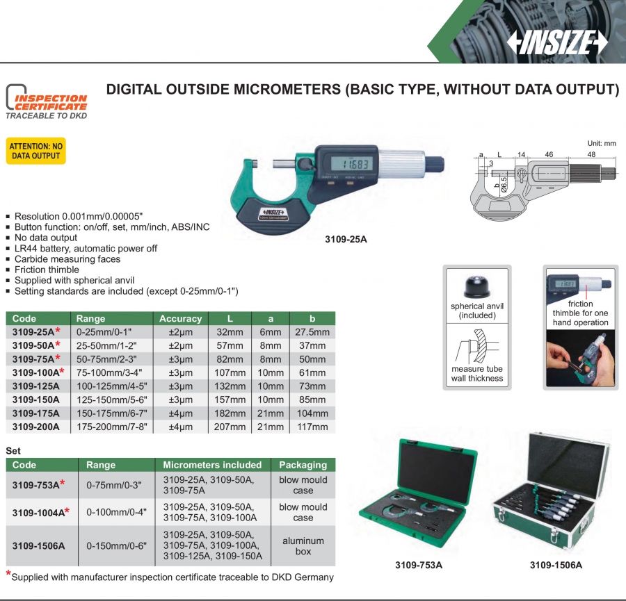 Panme đo ngoài điện tử loại cơ bản Insize series 3109