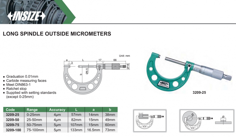 Panme đo ngoài cơ khí trục đo dài Insize series 3209