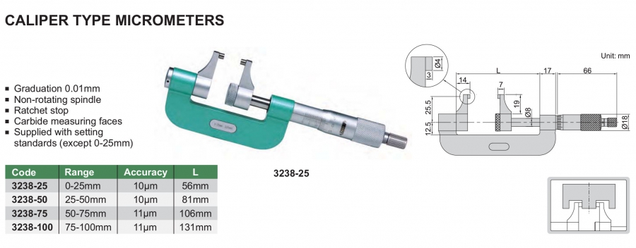 Panme cơ khí loại mỏ kẹp Insize series 3238