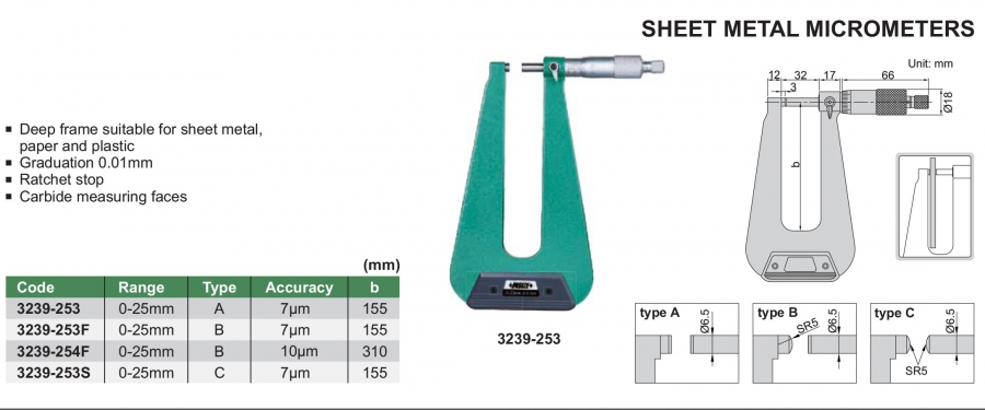 Panme cơ khí đo tấm kim loại 0-25mm Insize series 3239