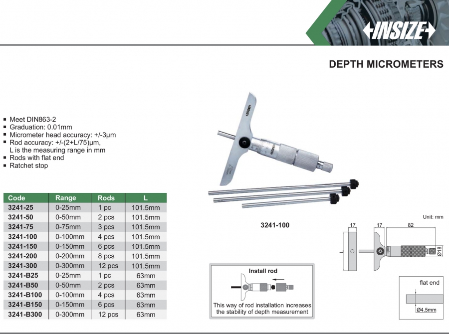 Panme đo độ sâu cơ khí Insize series 3241