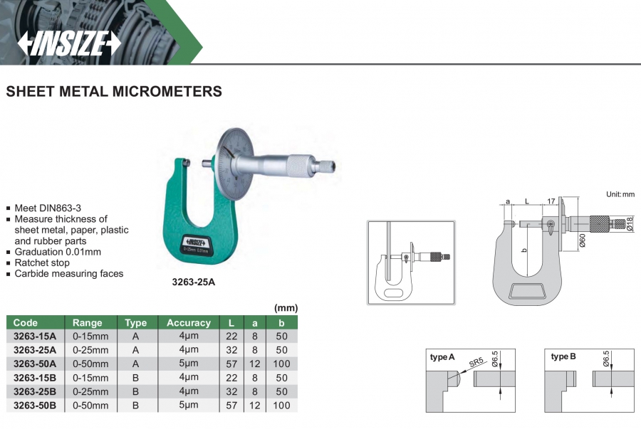 Panme cơ khí đo chiều dày tấm Insize series 3263