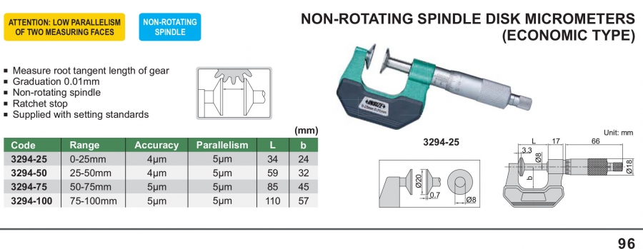 Panme cơ khí đo bánh răng trục không xoay Insize series 3294