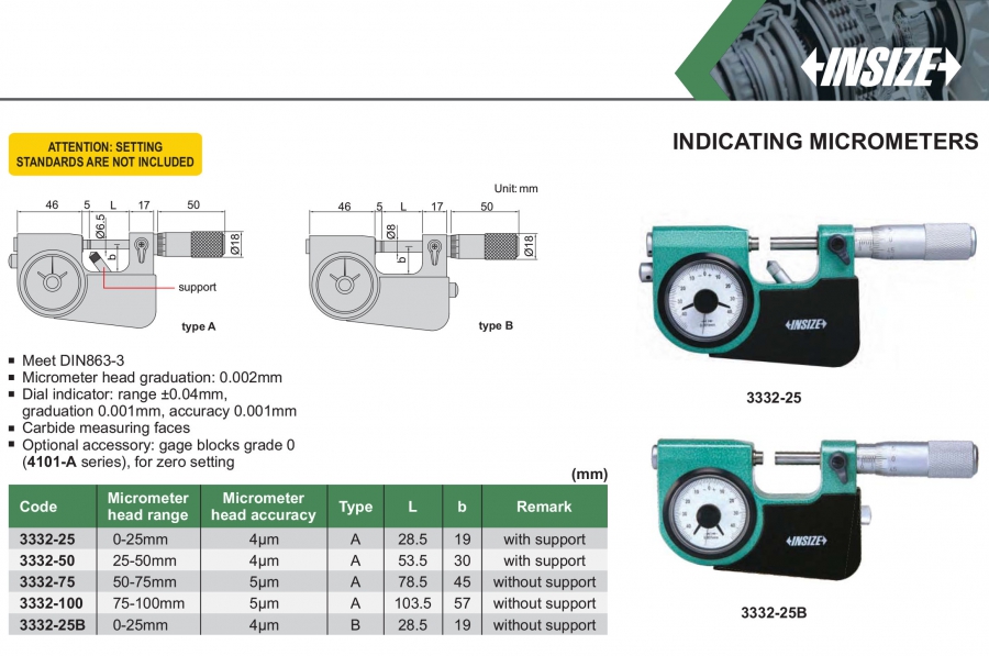 Panme đo ngoài đồng hồ Insize series 3332