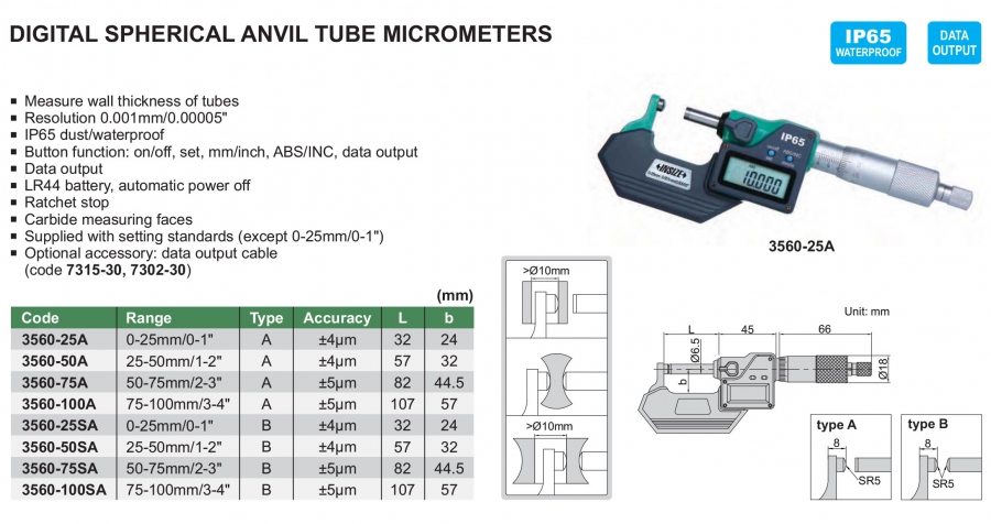 Panme điện tử đo thành ống đe dạng cầu Insize series 3560