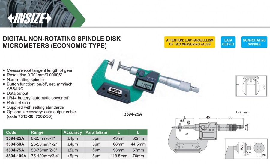 Panme điện tử đo bánh răng trục không xoay Insize series 3594