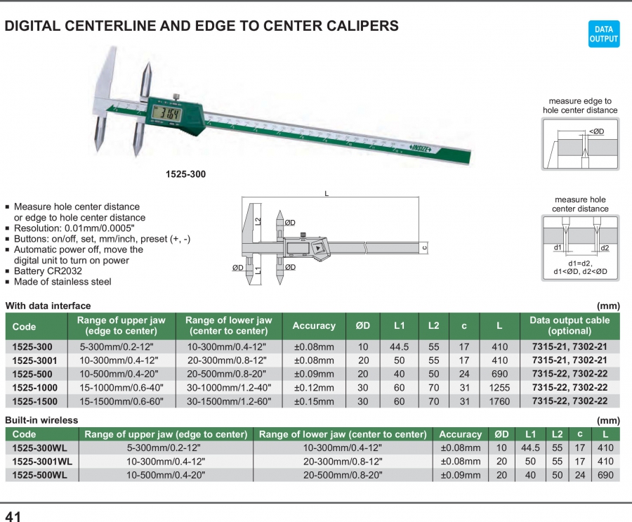 Thước cặp điện tử đo khoảng cách tâm Insize series 1525