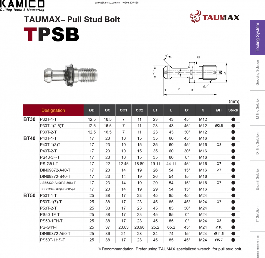 Đuôi rút bầu kẹp BT30/BT40/BT50 Taumax