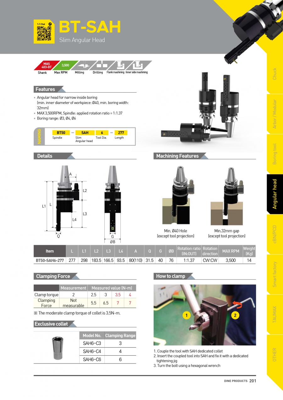 Đầu phay góc dạng thanh BT50-SAH6-277 Dinox