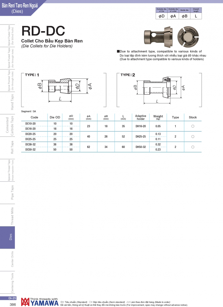 Collet cho bầu kẹp bàn ren RD-DC Yamawa
