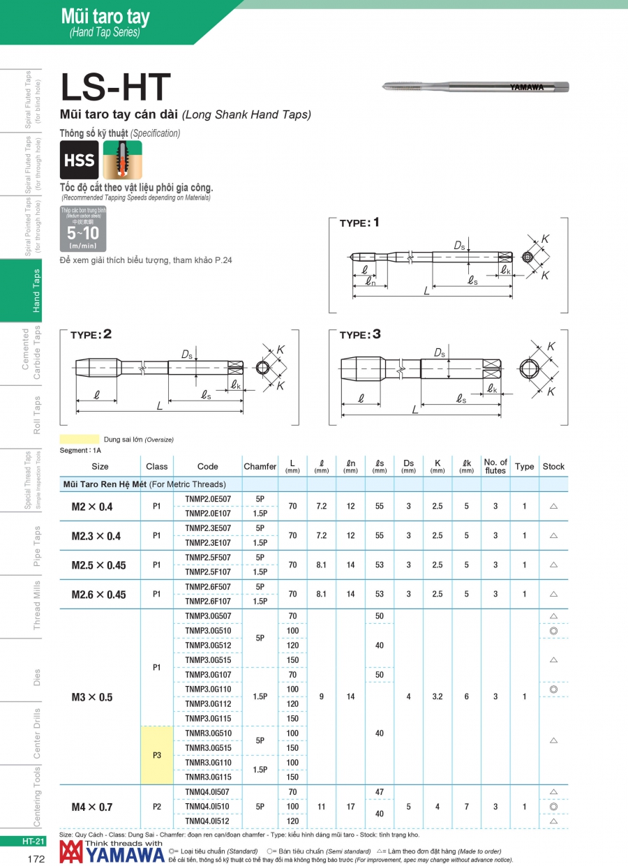 Mũi taro tay cán dài LS-HT Yamawa hệ Mét (M2-M8)