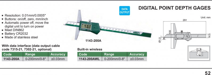Thước đo sâu điện tử mũi nhọn Insize 1143-200A; 1143-200AWL