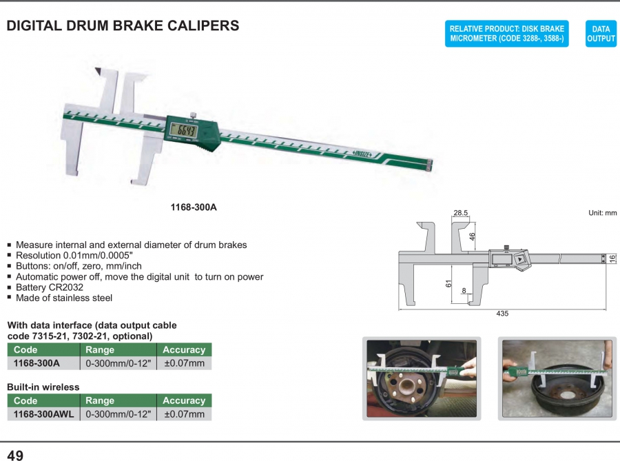 Thước cặp điện tử đo phanh trống Insize 1168-300A; 1168-300AWL