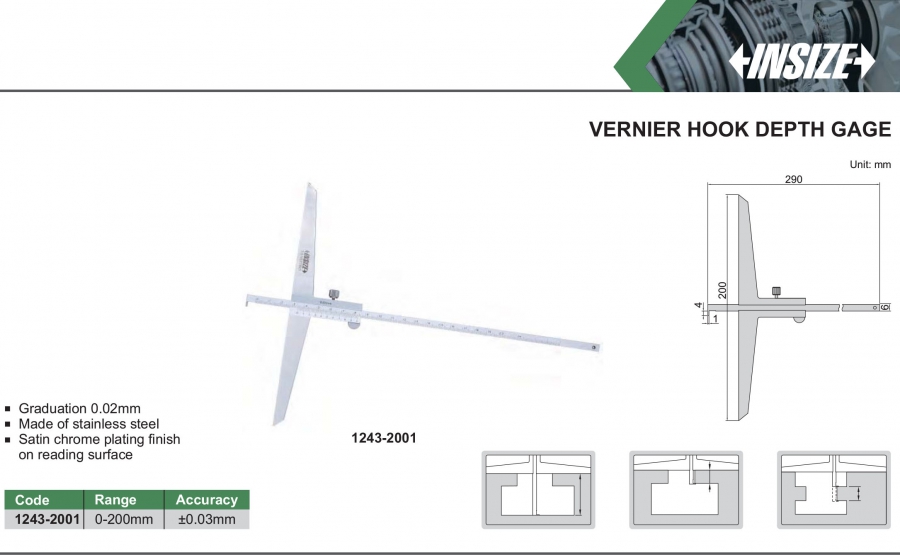 Thước đo sâu cơ khí có móc đế dài Insize 1243-2001