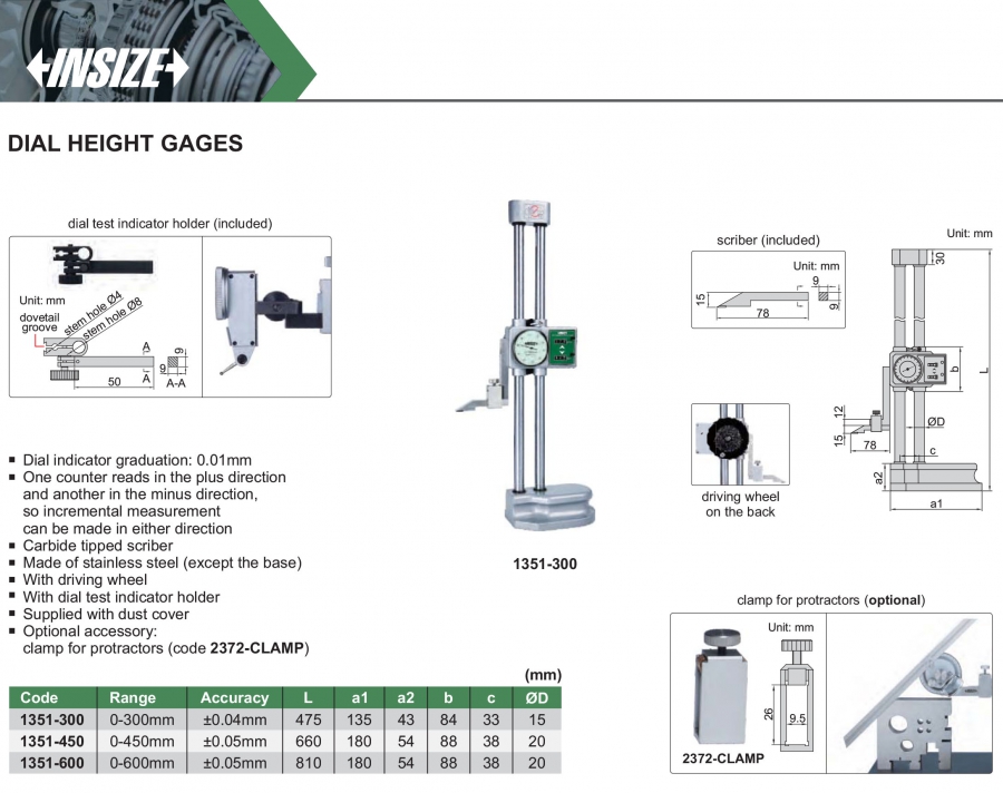 Thước đo cao đồng hồ Insize 1351-300; 1351-450; 1351-600