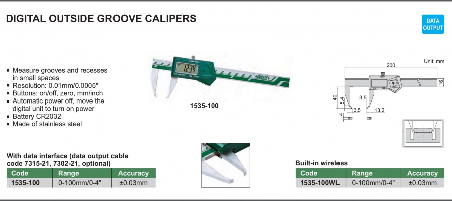 Thước cặp điện tử đo rãnh ngoài 0-100mm Insize 1535-100