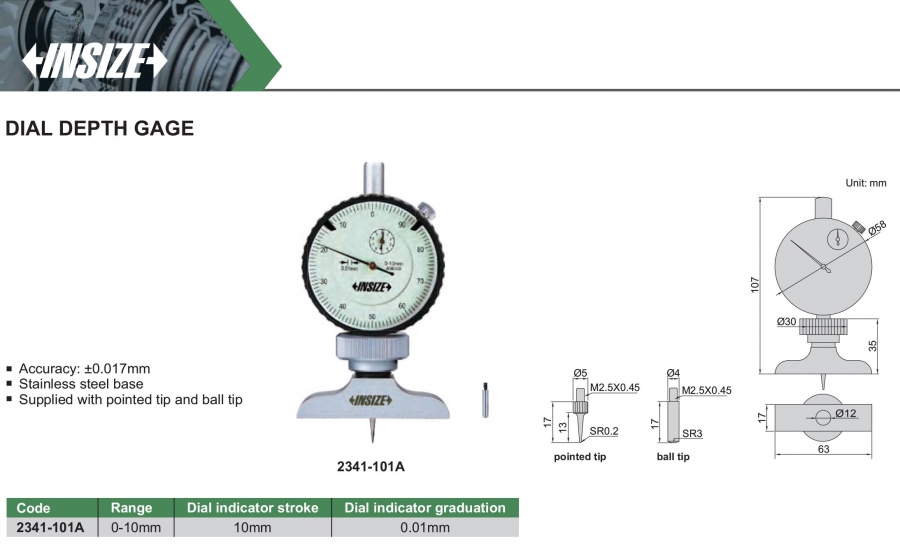 Đồng hồ đo sâu cơ khí 0-10mm Insize 2341-101A