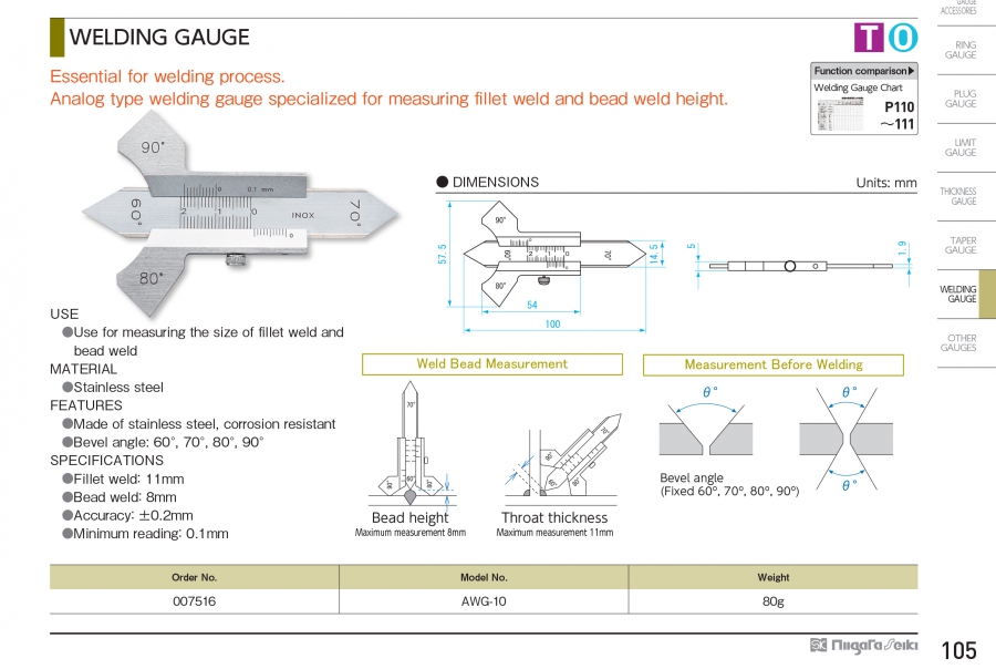 Thước đo mối hàn cơ khí Niigata Seiki AWG-10