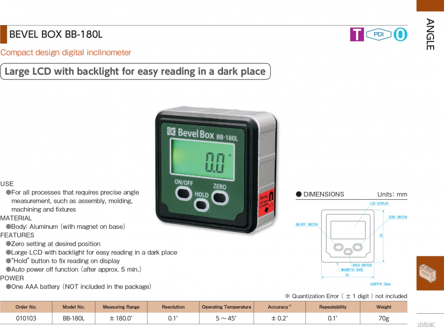 Thước đo góc điện tử đế từ Niigata Seiki BB-180L