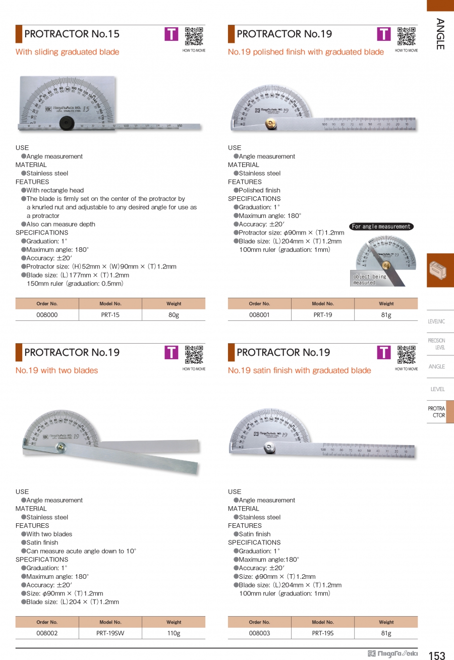 Thước đo góc Niigata Seiki PRT-15; PRT-19; PRT-19S; PRT-19SW