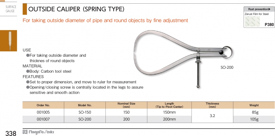 Compa đo đường kính ngoài kiểu lò xo Niigata Seiki SO-150; SO-200