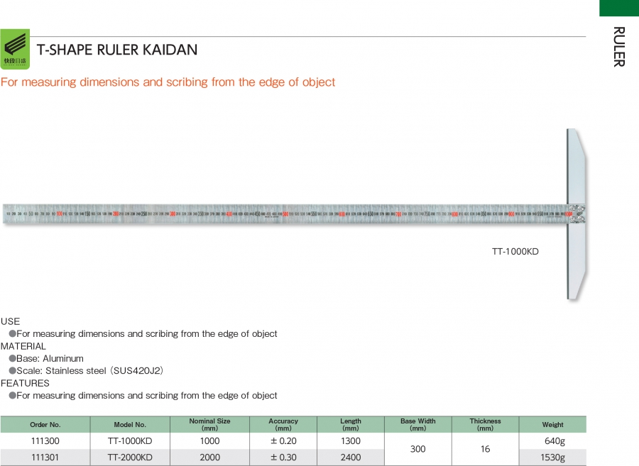 Thước lá inox chữ T vạch KAIDAN TT-1000KD; TT-2000KD